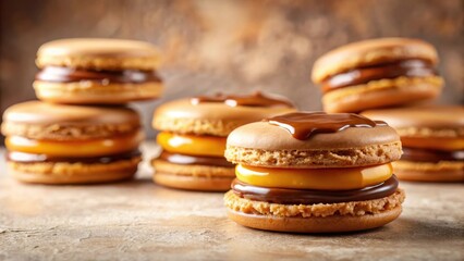 Delectable Caramel and Chocolate Macarons A Close-Up View of Sweet Delights Arranged on a Textured Surface