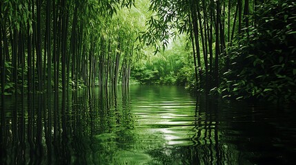 Obraz premium A tranquil river surrounded by tall bamboo, their reflections rippling in the water