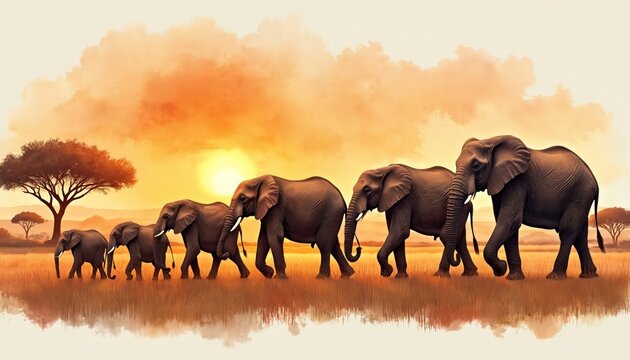 Watercolor painting of african elephant family walking at sunset. Mammal animals herd migrates in savanna. Wildlife conservation, environmental protection themes. Orange evening sky background.