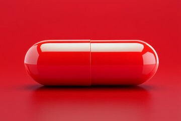 Bright Red Capsule on Glossy Red Background with Reflections