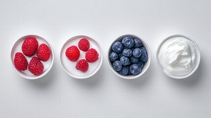 Fresh raspberries and blueberries in bowls with creamy yogurt on a clean white background