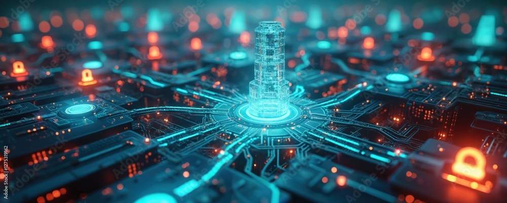 Poster complex network of computers with colorful connections, futuristic digital landscape. tech devices i