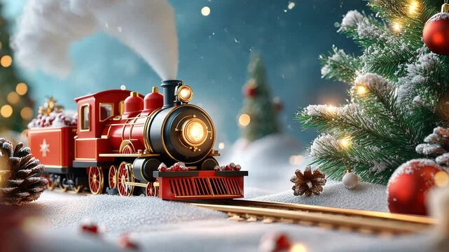 Festive miniature train surrounded by holiday decorations