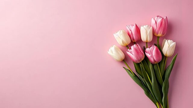 Elegant bouquet of pink and white tulips on pastel background