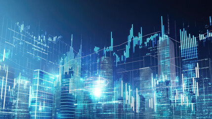 A futuristic city skyline with digital charts reflecting business growth, financial forecasts, and corporate evolution. Glowing data overlays highlight economic trends and company performance