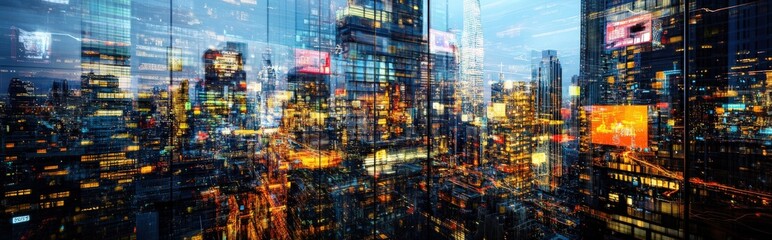 Vibrant cityscape at dusk urban environment modern architecture nightlife aerial view contemporary energy