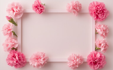 Pink carnations with empty frame on pastel background  

