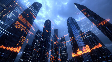 A futuristic city skyline with digital charts reflecting business growth, financial forecasts, and corporate evolution. Glowing data overlays highlight economic trends and company performance