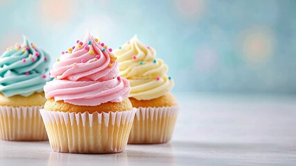 Colorful cupcakes with frosting and sprinkles on a pastel background - Powered by Adobe