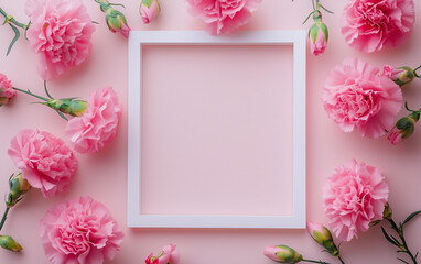 Pink carnations with empty frame on pastel background  
