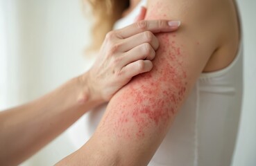 Sensitive skin concept. Woman scratches arm with red rash, allergy symptom. Skin irritation, dermatitis, itchy skin problem, reaction. Arm affected with eczema, skin disease.