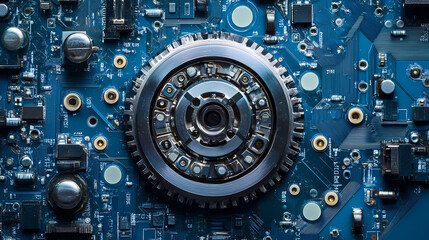 Fototapeta premium Tech-Inspired Circuit Board with Central Gear