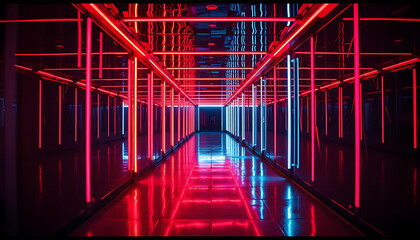 Infinity mirror hallway with neon lights and shifting reflections.
