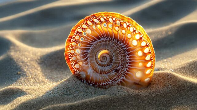 Closeup of a sunlit ocean seashell showcasing intricate patterns and textures on a sandy beach, Closeup of sunlit ocean seashell with intricate patterns on sandy background