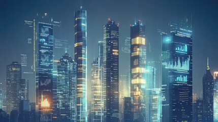 A futuristic city skyline with digital charts reflecting business growth, financial forecasts, and corporate evolution. Glowing data overlays highlight economic trends and company performance
