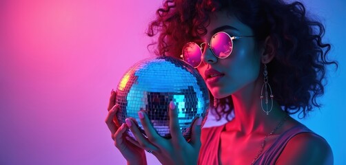 Glamorous girl with disco ball on pink, blue gradient background. Round mirror sunglasses reflect light, clubbing theme. Fashionable earrings, necklace. Nightlife, party banner, invitation design.