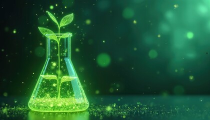 Green chemistry concept glowing beaker with plant. Futuristic bio tech design. Chemical leaf growth. Medicine research. Solution in test tube, flask, bottle for analysis. Innovation in pharmacy.