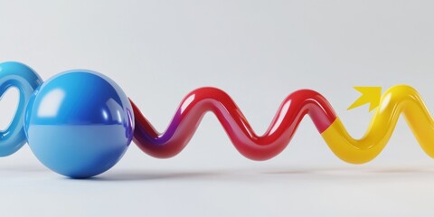 Abstract 3D rendering of colorful spheres and wavy lines forming an upward arrow.