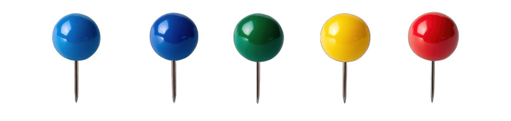 set of color-coded push pins red green blue yellow pinned group single isolated on transparent background