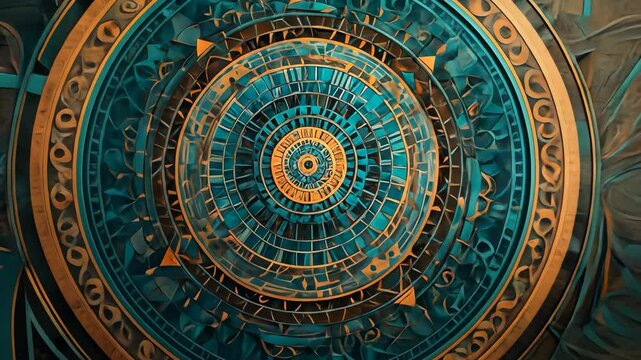 Video footage of intricate, circular, geometric pattern with teal and gold colors, resembling a mandala or astrological chart, featuring detailed