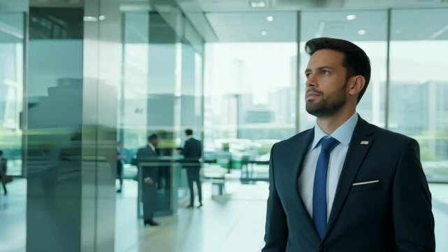 A man in a suit stands in front of a glass wall in a large office building. Concept of professionalism and formality, as the man is dressed in a suit and tie