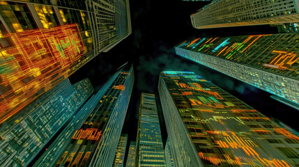 A futuristic city skyline with digital charts reflecting business growth, financial forecasts, and corporate evolution. Glowing data overlays highlight economic trends and company performance