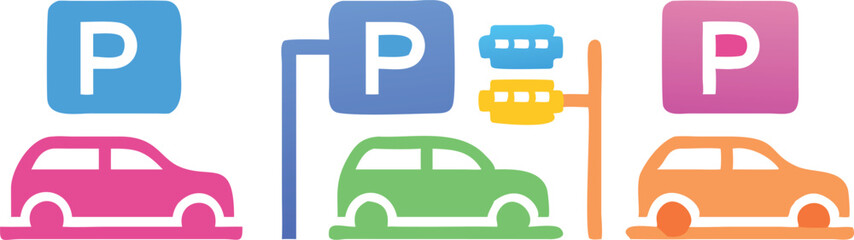 Parking Icons Set with Cars, Parking Signs, and Travel Symbols on Transparent Background