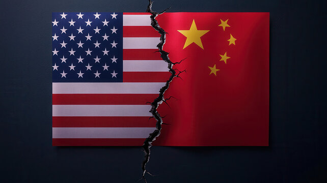 America and China trade war, split image of USA and China flags with crack symbolizing tension and conflict