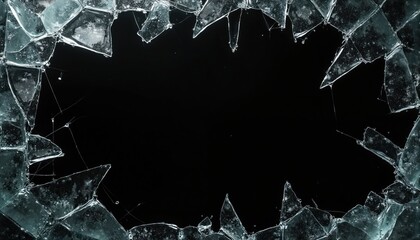 Frame of shattered glass on black background with sharp shards and clear cracks. Transparent fragile broken glace texture with geometric irregular shapes, minimal photo.