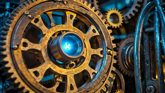 Video footage of Close up of interlocking gears with a glowing blue light at the center, highlighting the intricate mechanical design and metal textures