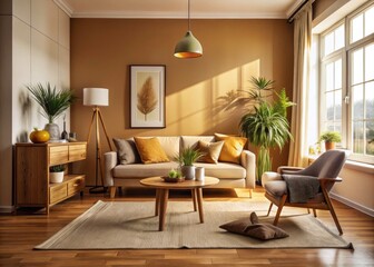 Fototapeta premium Cozy minimalist interior: soft lighting bathes a warm, comfortable space, embodying hygge home décor.