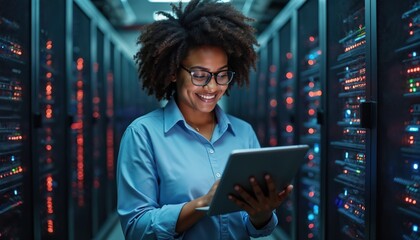Joyful African American IT engineer uses tablet in server room. Modern data center, information storage, digital network, connection. Wireless mobile tech, electronic science and global business.