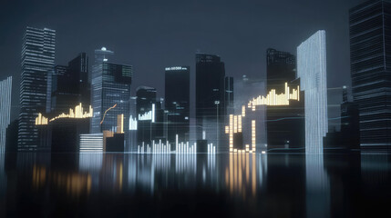 A futuristic city skyline with digital charts reflecting business growth, financial forecasts, and corporate evolution. Glowing data overlays highlight economic trends and company performance