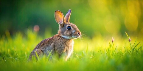 Obraz premium Cute bunny, green grass, minimalist photo; serene nature's simplicity.