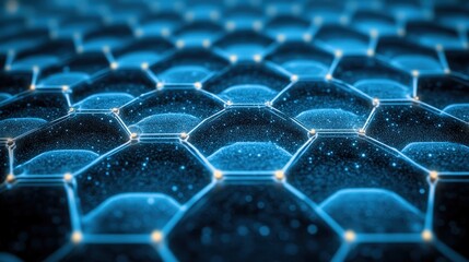 Naklejka premium Futuristic hexagon network creates a digital grid structure. Hexagonal technology forms glowing connections in an abstract pattern. Blue geometric design embodies modern tech, ideal for science