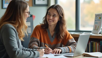 Student receives college counselor guidance discussing academic plans in bright supportive office. Advisor helps student with career choice. Mentorship in education, professional development, success.