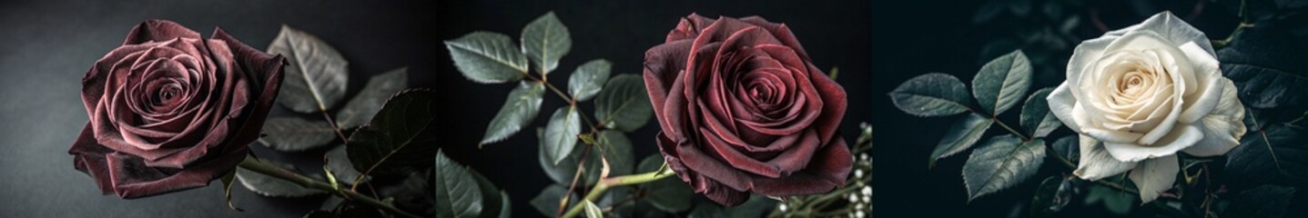 A trio of deep red and white roses, showcasing their classic beauty and elegance.
