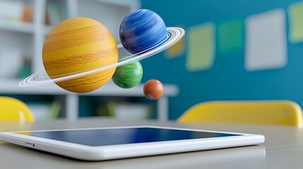 3D Planets Orbiting Above a Tablet on a Classroom Desk