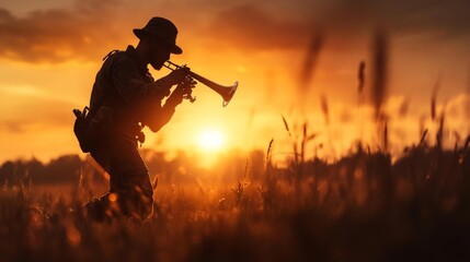Soldier Playing Trumpet Against Sunset Sky in Silhouette. Generative AI