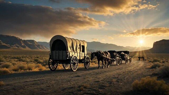 Video footage of wagon pulled by horses travels on a dirt road through a vast, arid landscape at sunset, with dramatic clouds and mountains in the background