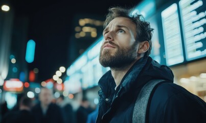 Fototapeta premium Contemplative Man Gazing Upward in a Bright City at Night