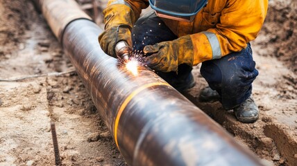 Worker performs welding on large pipe in construction site during daylight hours with safety gear and proper equipment