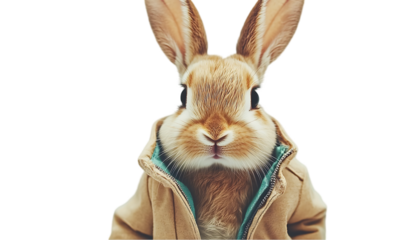 Cute rabbit in a jacket, winter scene,  adorable animal,  possible use for children's product