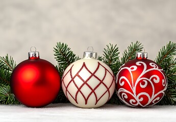 Elegant Red and White Christmas Ornaments with Green Pine Branches