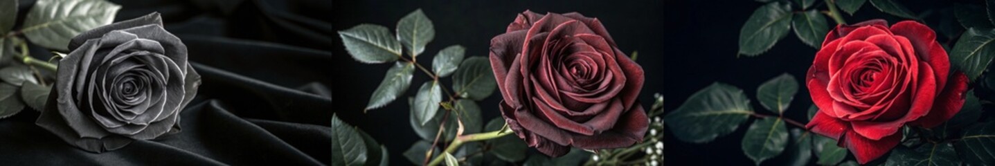 A trio of roses in dark shades and vibrant red.