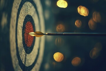 A close-up of an arrow hitting the bullseye of a target, symbolizing precision and focus. The blurred background adds to the dynamic energy of archery.