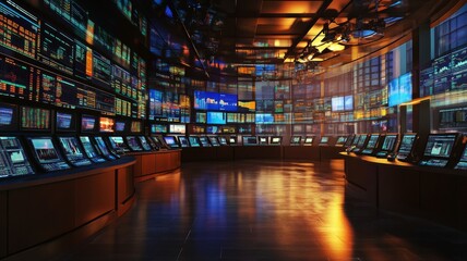 Modern trading floor filled with advanced technology and large screens displaying financial data in a high-tech environment