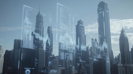 A futuristic city skyline with digital charts reflecting business growth, financial forecasts, and corporate evolution. Glowing data overlays highlight economic trends and company performance