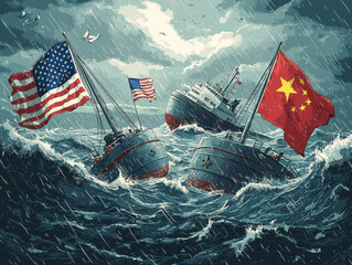 USA and China trade war, stormy sea with ships bearing USA and China flags symbolizes economic conflict and tension