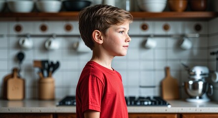 Kid Caucasian boy in a kitchen background red t shirt side view portrait